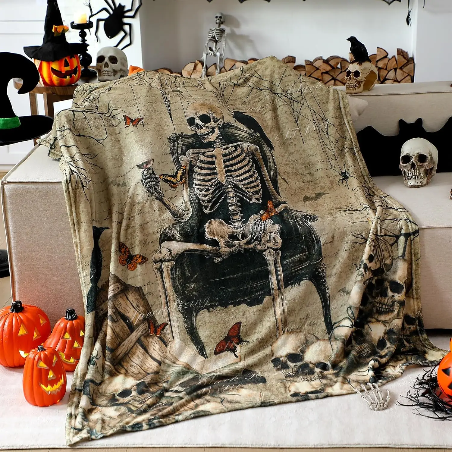 Breling Halloween Ghost Skeleton Flannel Throw Blanket 60