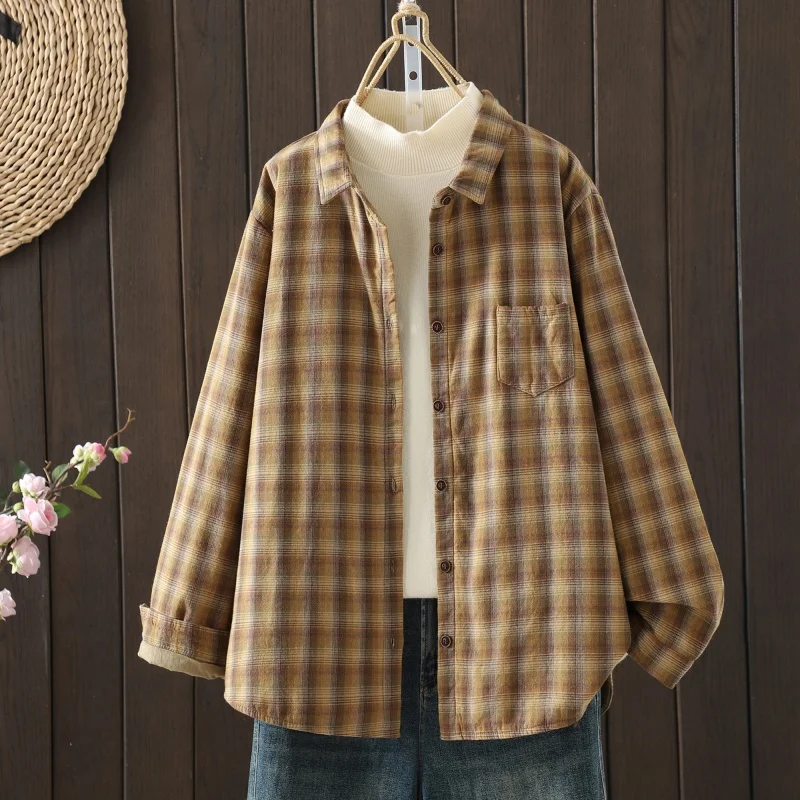 Plaid Cotton irt Women's Casual Loose Fit Warm Inner Wear Long Sve Top for Autumn Winter Vintage Sle Button down