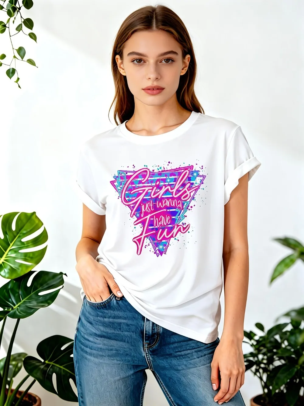 Damen Retro 80er Neon T-Shirt mit „Just Wanna Have Fun“-Grafik, Rundhalsausschnitt, Lässiges Oberteil mit Geometrischem Druck, Casual-Kleidung – Detail 10