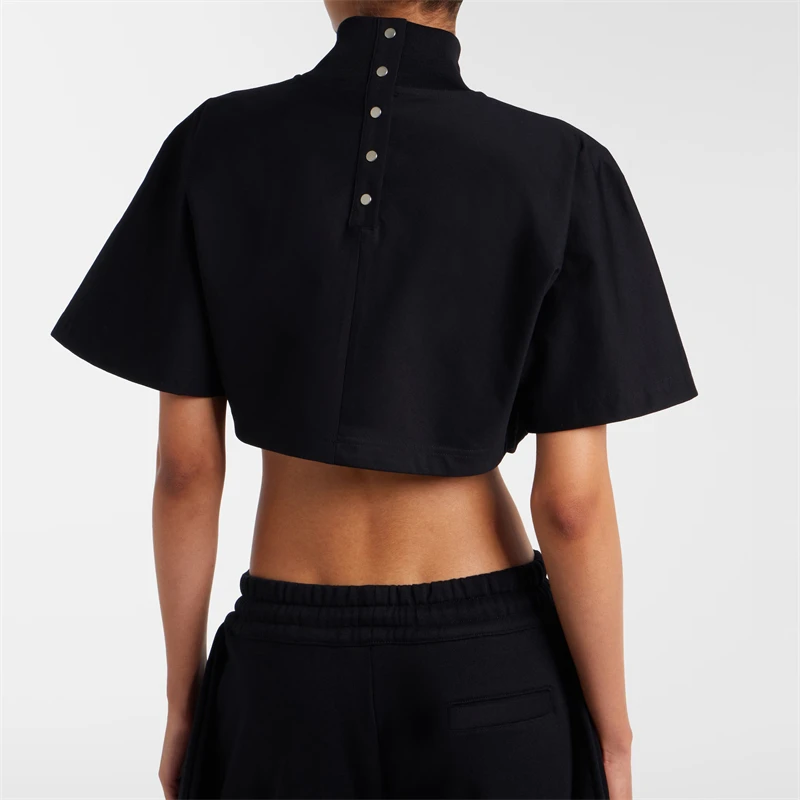 Summer New Ribbed Stand Collar Short T-Shirt y2k HighQuality Women's Fashion High StreetShort Button Decoration Crop Top T-Shirt