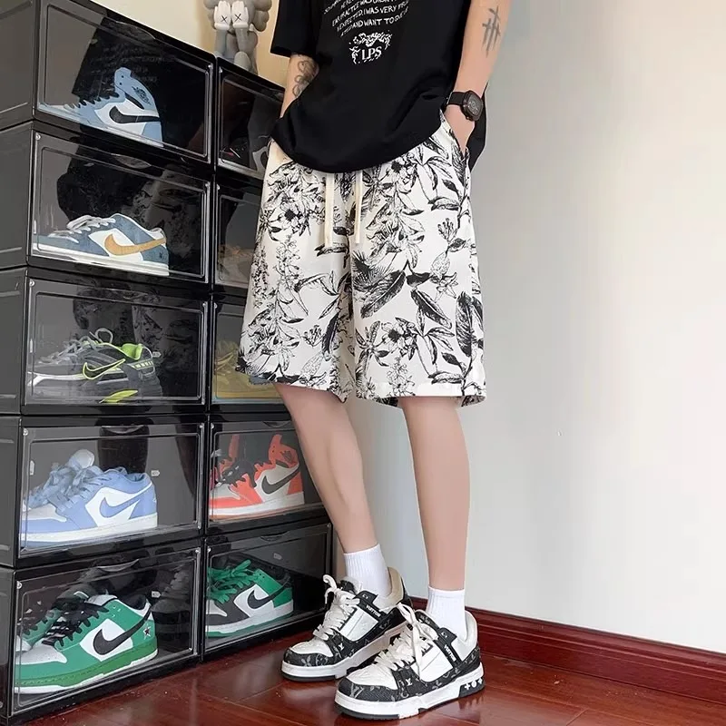 شورت رجالي من الحرير الجليدي سريع الجفاف، بنطلون شاطئ بخمسة أرباع، بنطلون كاجوال، ملابس صيفية خارجية قابلة للتنفس، نمط زهور عصري