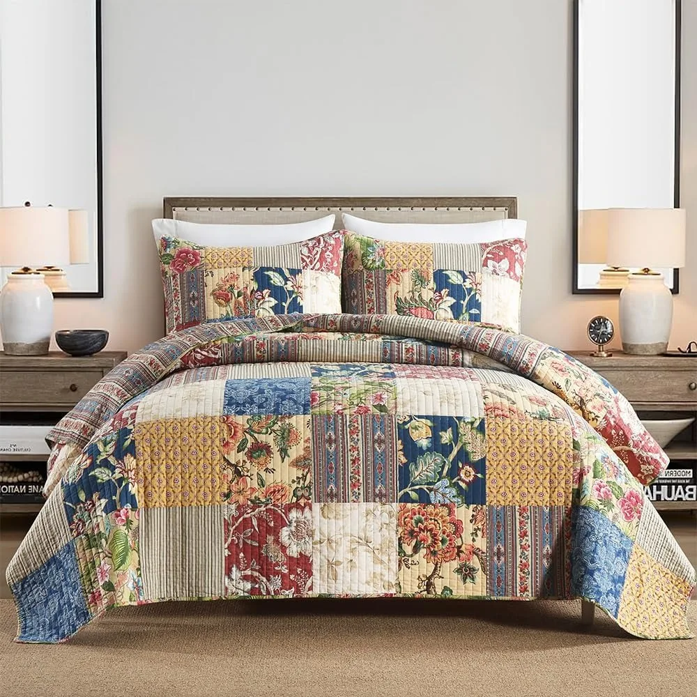 

Rustic Floral Red and Yellow Patchwork Cotton Quilt Coverlet Set, 3-Piece Reversible Bedding