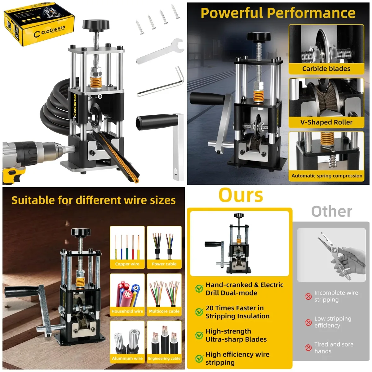 

Wire Stripper Machine, 0.03-1 Inch, Hand Crank, Portable Steel Frame, Drill-Powered for Copper Wire Recycling