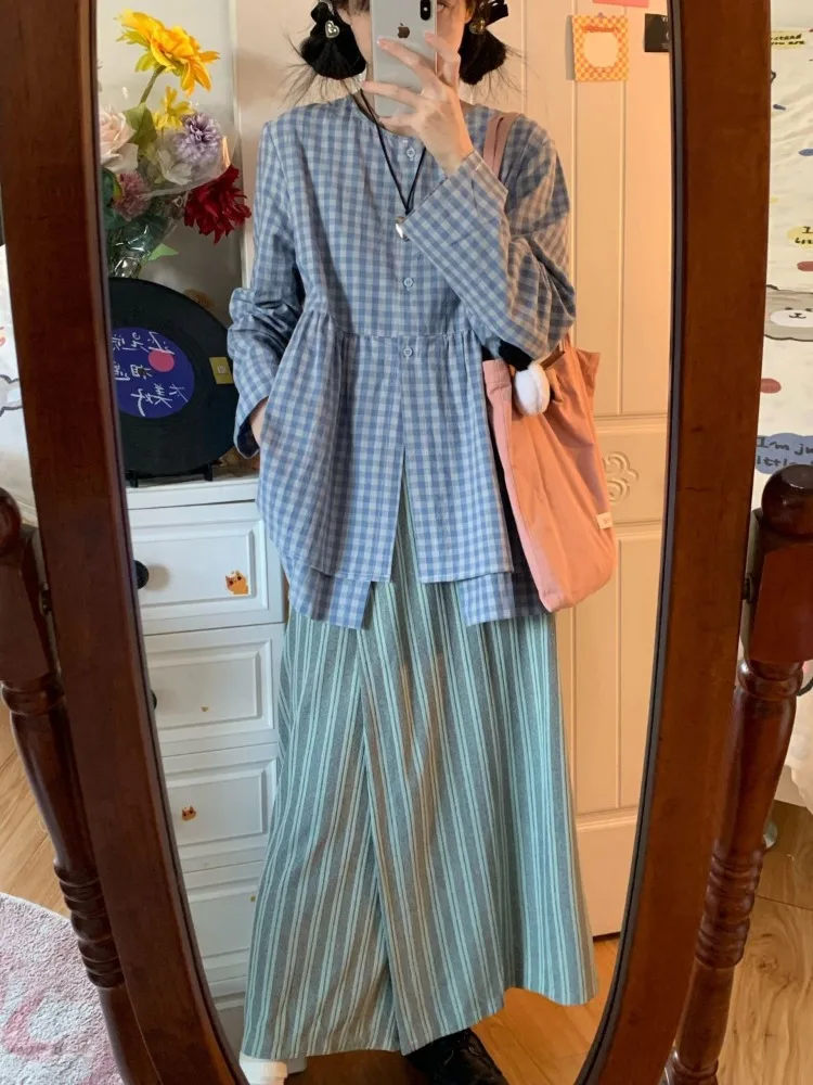 Blauw geruit overhemd dames Japanse schattige ronde hals losse split ontwerp blouses lente preppy stijl losse tops met lange mouwen