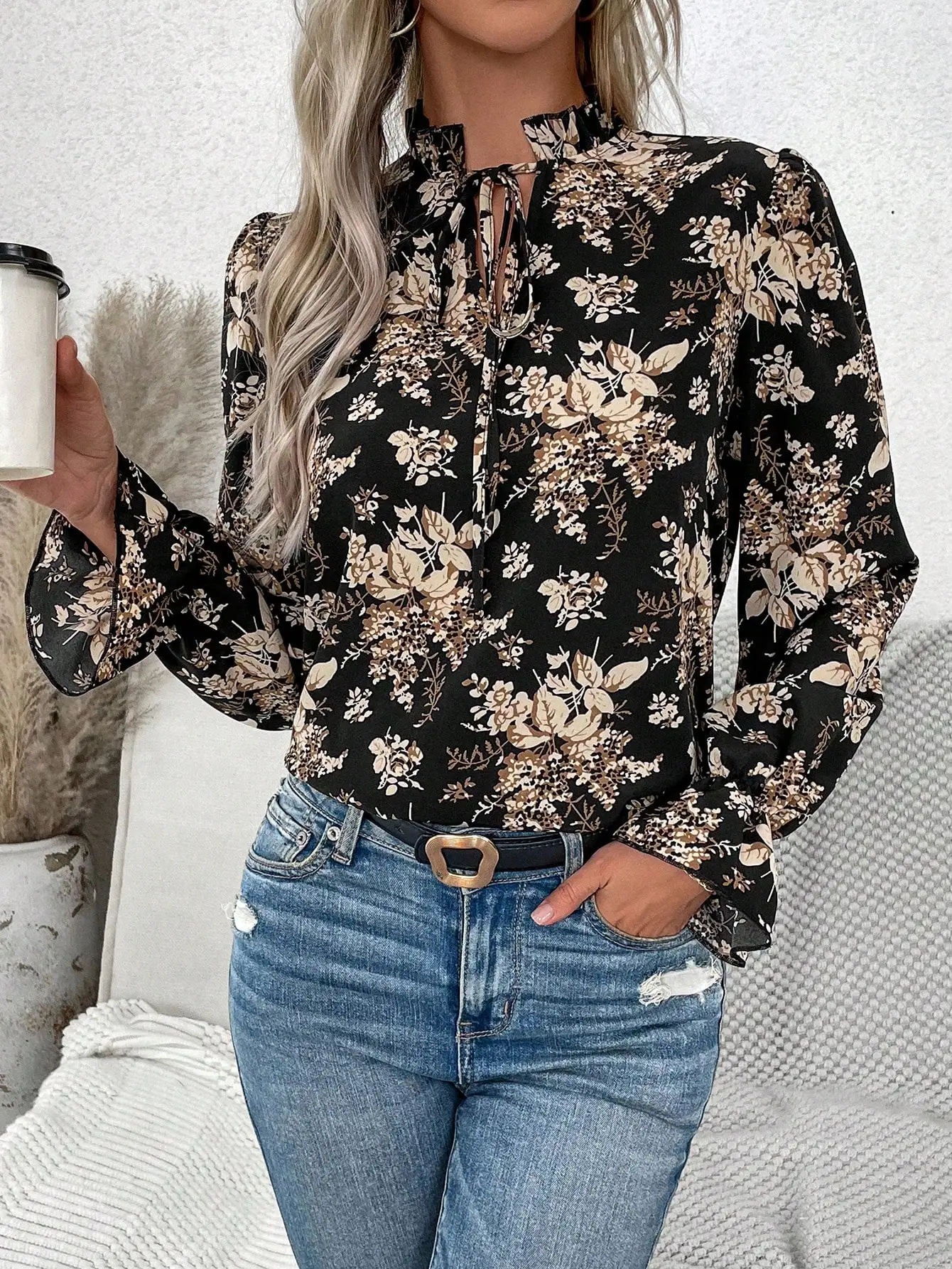 2024 new women\'s shirt notched with flapped collar flared sleeve long sleeve pleated edge knotted blouse woven springless elegan