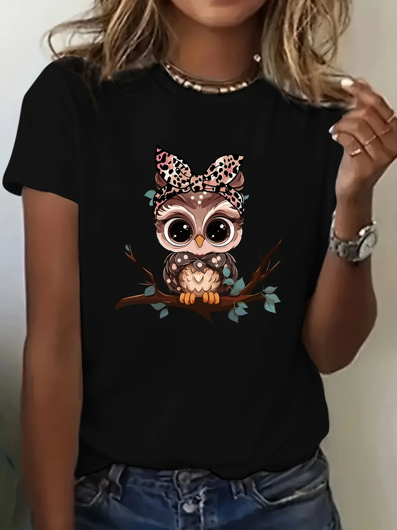 Owl Print Crew Neck T-Shirt, Casual Short Sleeve Top For Spring & Summer, Women's Clothing