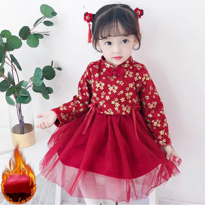 

Christmas Princess Dress For Girls Plus Velvet Thicken Warm Winter Infant Baby Clothes Chinese Style New Year Kids Tutu Dresses