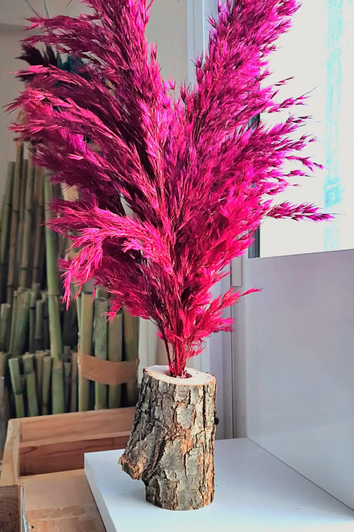 

Fuchsia Decorative Natural Pampas Log Flower Pot, Event, Wedding & Entertainment Table Ornament & Decor