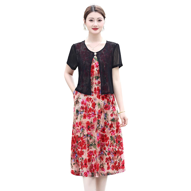 فستان صيفي مزيف مكون من قطعتين للنساء في منتصف العمر مقاس كبير فستان طويل كاجوال للشاطئ أنيق فساتين مطبوعة للأم 6XL #1