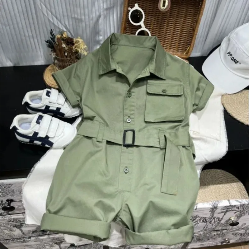 

Children's short sleeved jumpsuit summer boys' lapel jumpsuit Girl baby lapel solid color fashionable clothing set