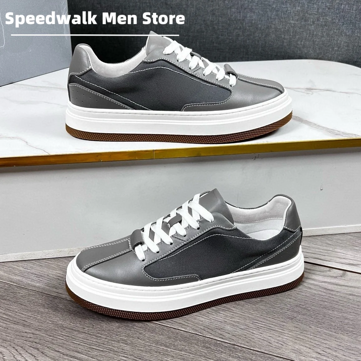 Men Four Seasons Leather Fabric Patch Skate Shoes Thick White Platform Gum Sole Breathable Daily Office Casual Walking Sneakers