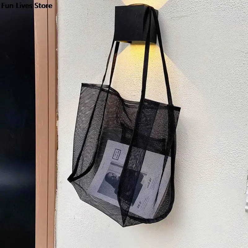 Bolso de mano de malla transparente para playa, bolsa de compras ligera de moda, bolso de hombro de almacenamiento para vacaciones al aire libre