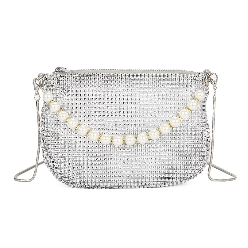 Shining Crystal Ladies Handbags Gold Silver Color Fashion Chain Shoulder Bags For Women Banquet Party Clutches Pearl Handbags