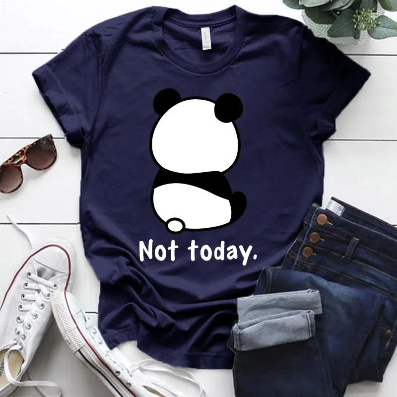Cute Panda Not Today Printed T-Shirts For Women Short Sleeve Funny Round Neck Tee Shirt Casual Summer Tops