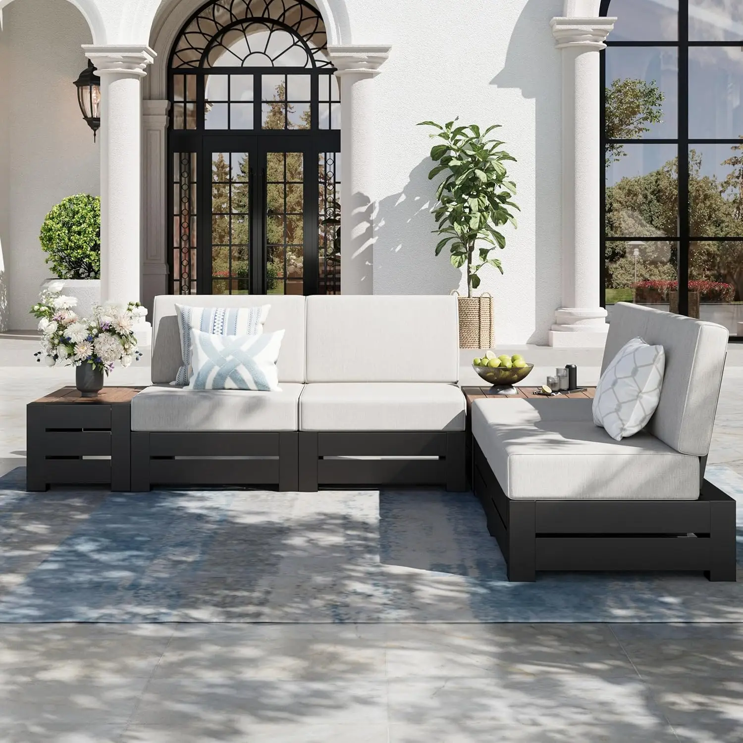 

6-Piece Metal Patio Furniture Set L Shape Sectional Sofa 5.9" Cushion Coffee & Side Table Backyard Outdoor, Custom