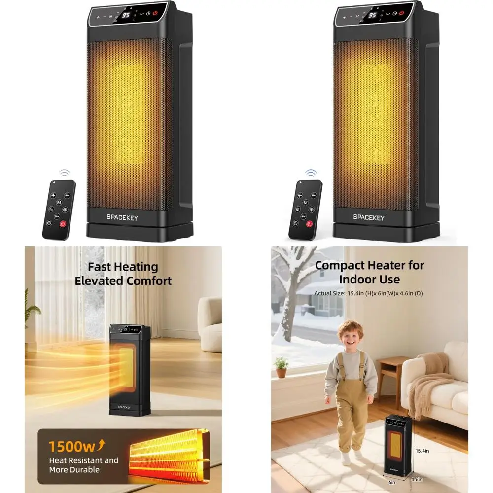 

Портативный керамический обогреватель PTC мощностью 1500 Вт с термостатом, пультом дистанционного управления, 12-часовым таймером, осцилляцией и защитой от перегрева для внутреннего использования