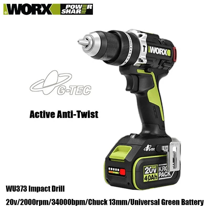 Worx Heavy Duty Cordless Impact Drill Brushless WU373 20v 95Nm 2000rpm 34000bpm Active Anti-twist Protection Share Green Battery