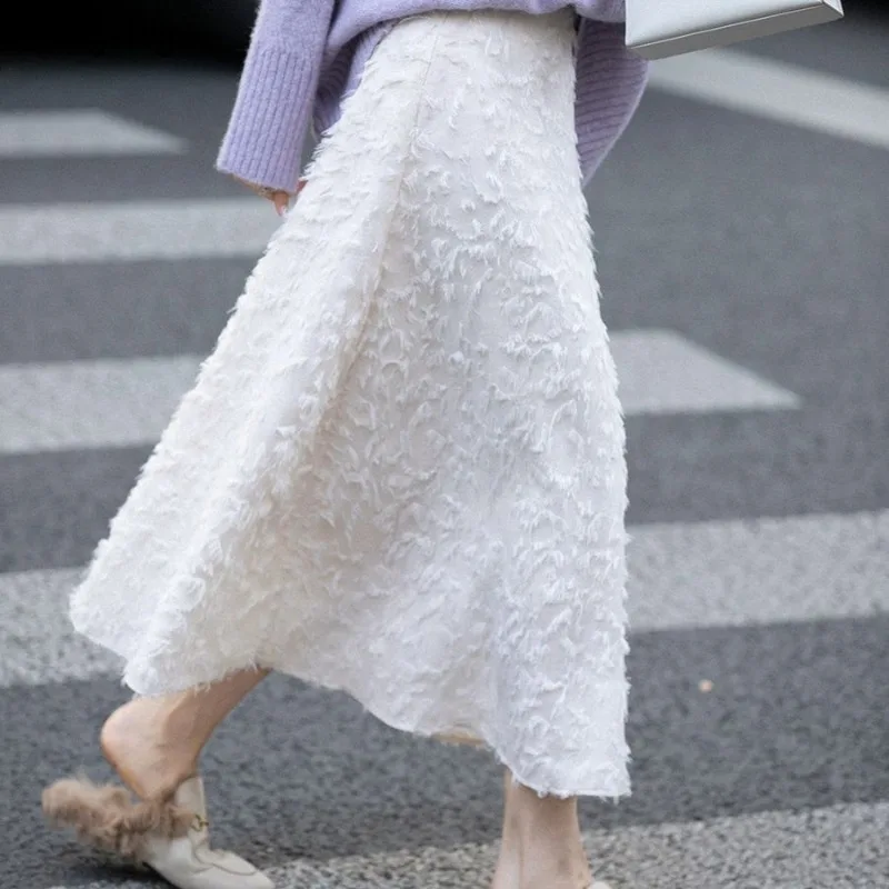Elegant Women Long Skirts High Waist  A-line Winter Casual Female Slim Streetwear Simple Midi Fur Solid Classic Soft All-match