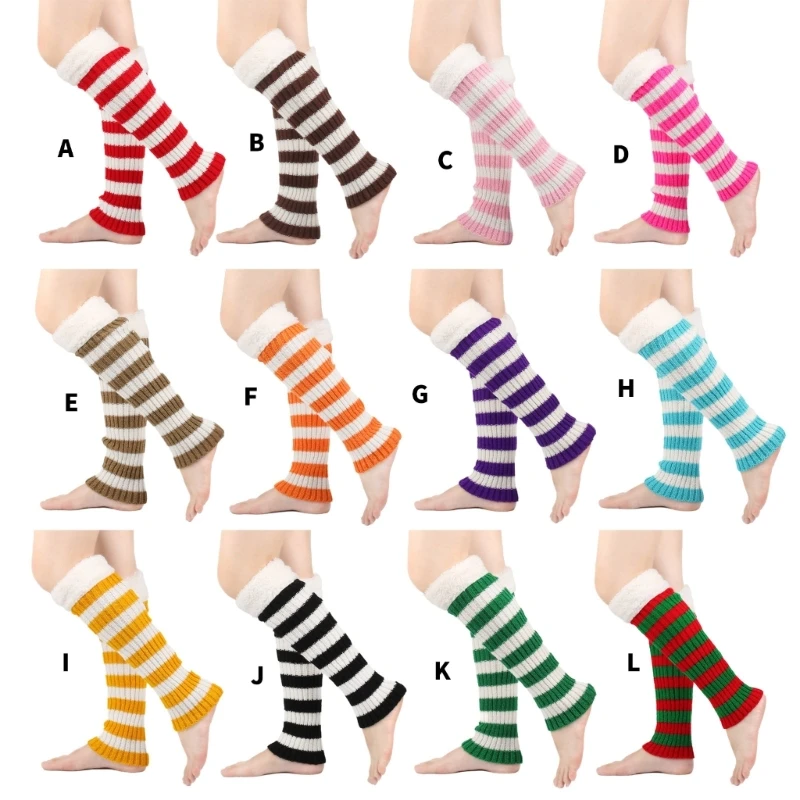 Women Christmas Ribbed Knit Striped Leg Warmers Calf Socks Furry Plush Cuffs Patchwork Foot Covers Footless Boot Socks