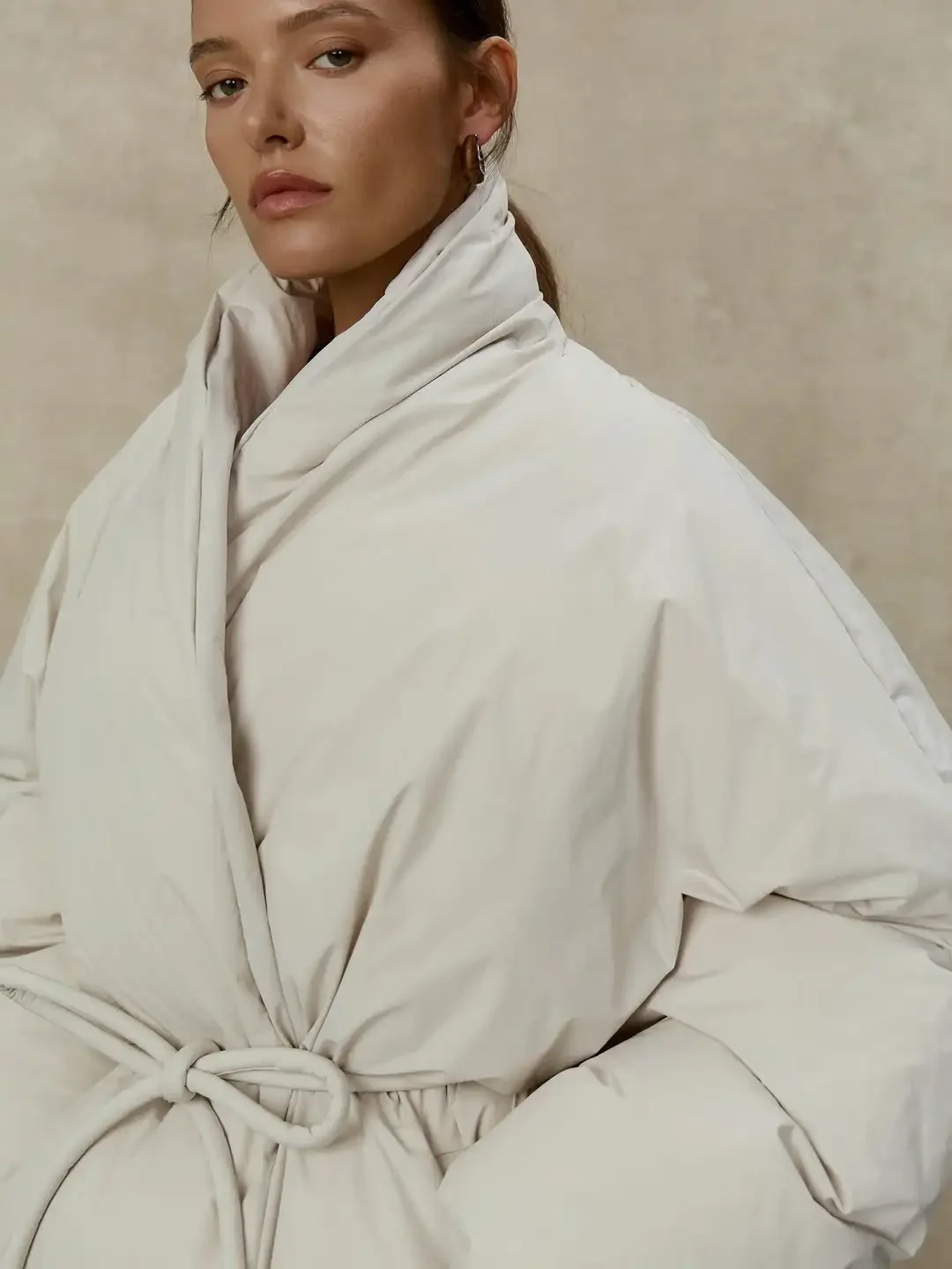 Women Off White Wrap Puffer Jacket Stand Collar Self Tie Belt Waist Long Sleeve Loose Coat Warm Winter Ladies Quilted Outerwear