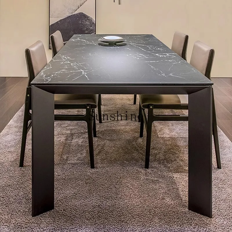 

Black stainless steel rock slab dining table Italian minimalist light luxury modern high-end island