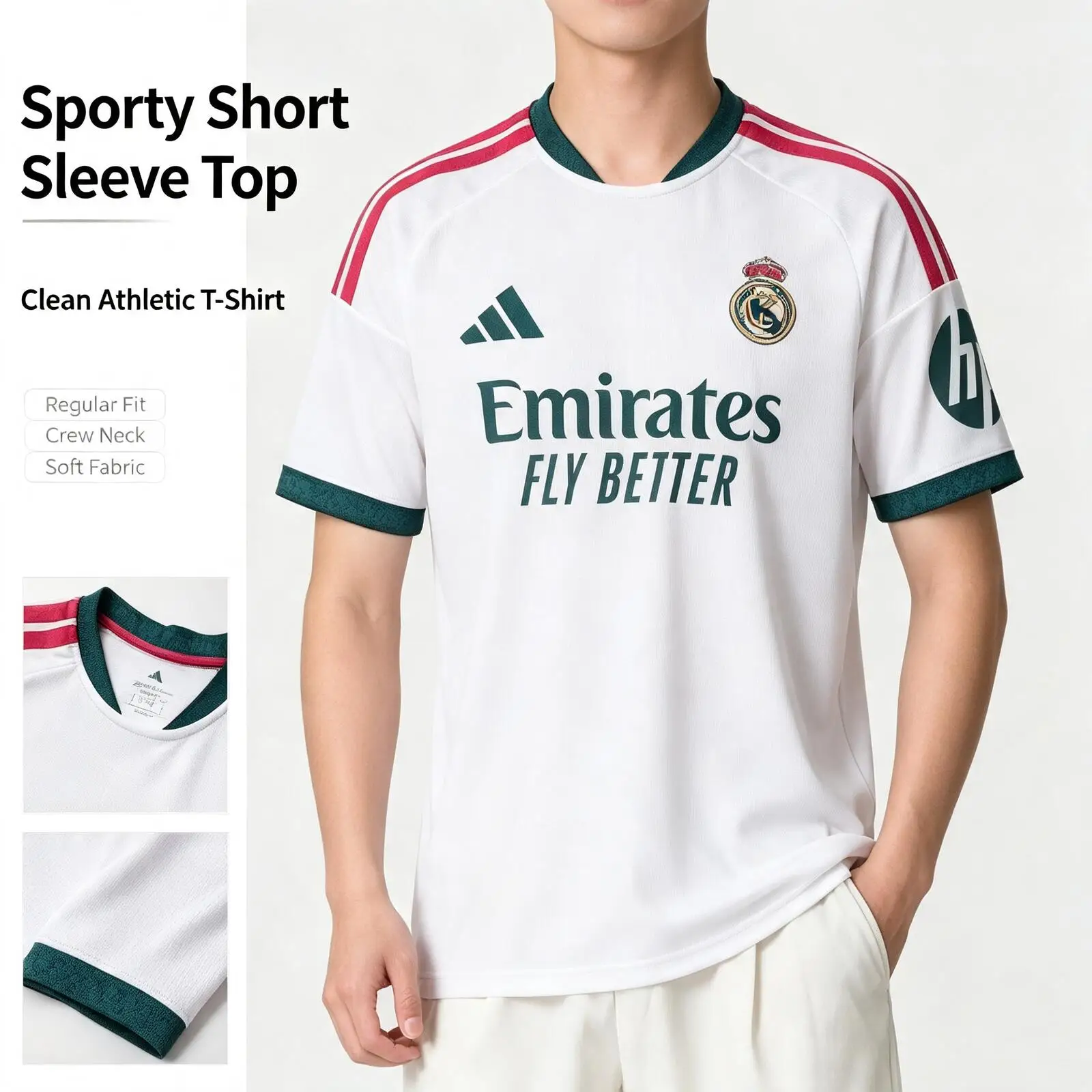 New Adidas Men Real Madrid Home Football Jersey Slim Fit Embroidered Breathable Short Sleeve Soccer Training Top JZ7206
