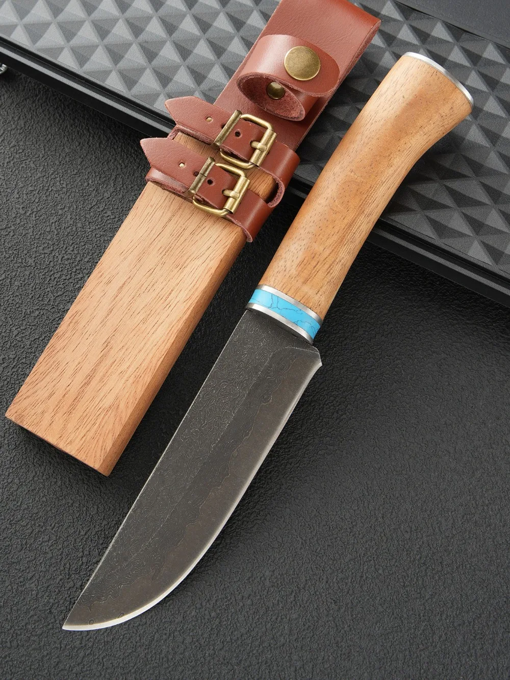 Leatherwork Knife Sheath - Outdoor Straight Fixed Blade Knife Damascus