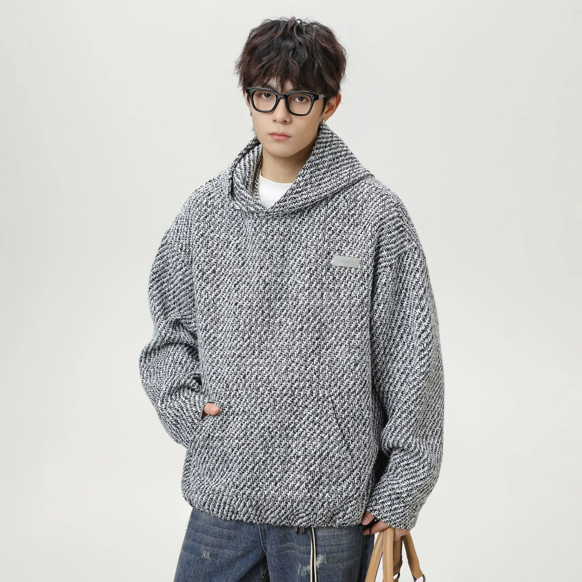 

Осенний винтажный новый модный мужской черный серый повседневный модный простой базовый свободный вязаный пуловер с капюшоном кофты мужская одежда