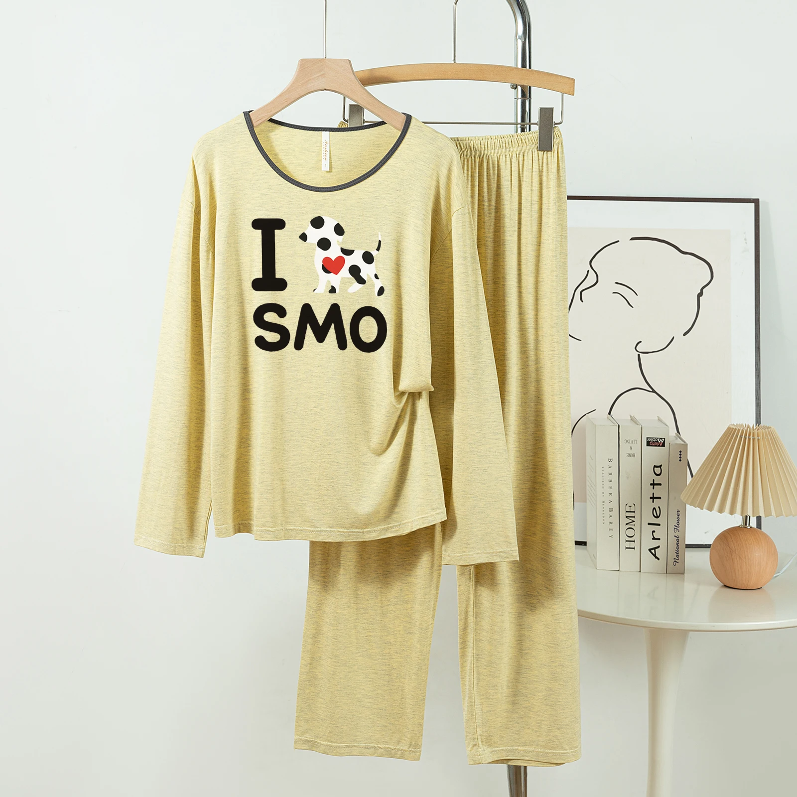 

5181-306 Casual and Comfortable Modal Cotton Pajamas for Women, New Spring and Autumn Long-Sleeved Long Pants Solid Color Casual