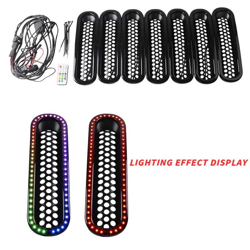 

Black mesh grille protective insert with RGB LED running lights decorative cover suitable for 07-18 Jeep Wrangler JK JK