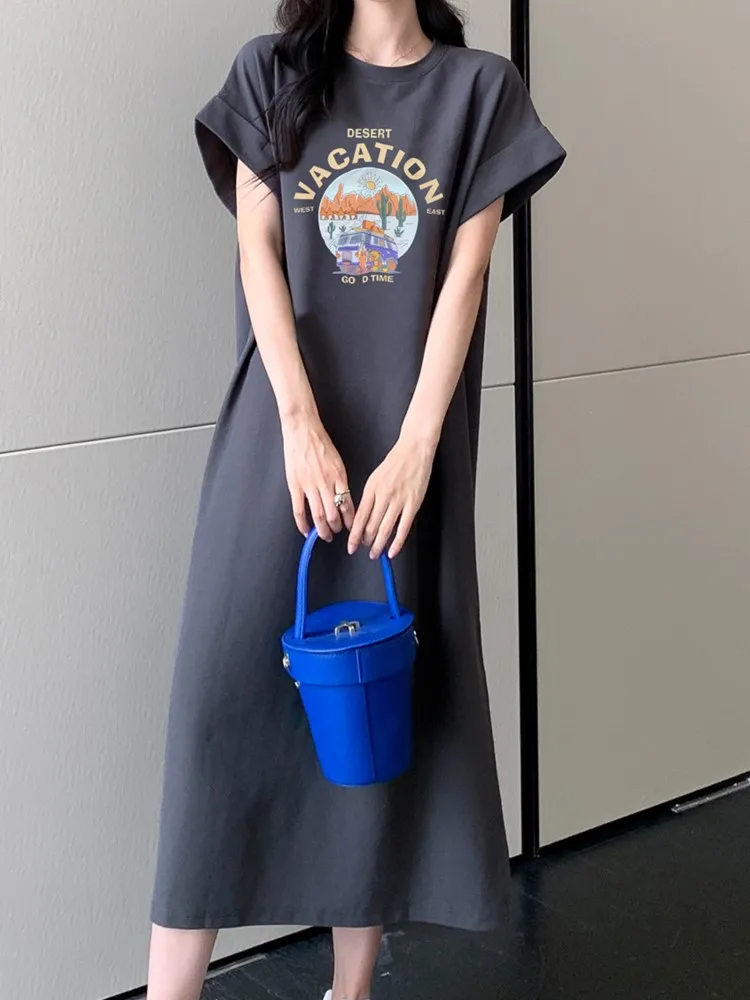 夏ゆるいカジュアルミドル丈Tシャツワンピースレディース膝丈着痩せシンプルスタイル半袖マキシドレス