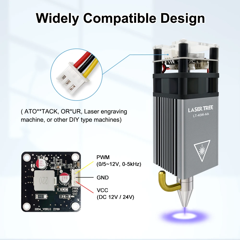 LASER TREE 5W módulo láser con asistencia de aire 450nm enfoque fijo TTL cabezal láser de luz azul para máquina de grabado de corte CNC DIY