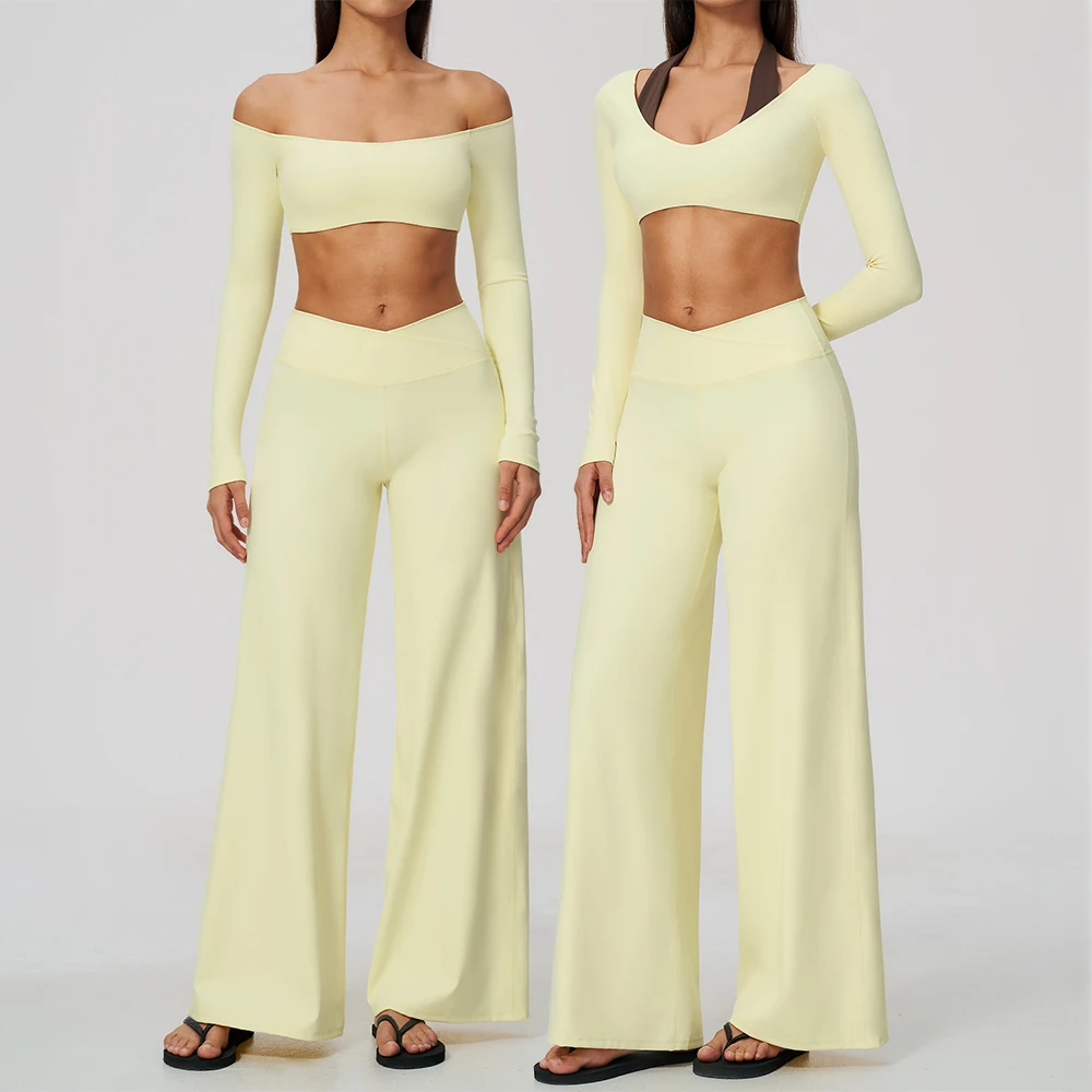 2 Piece Women Tracksuit Fitness Set Workout Outfit Gym Clothing Yoga Set Sportswear Long Sleeve Top Wide Leg Pants Athletic Wear