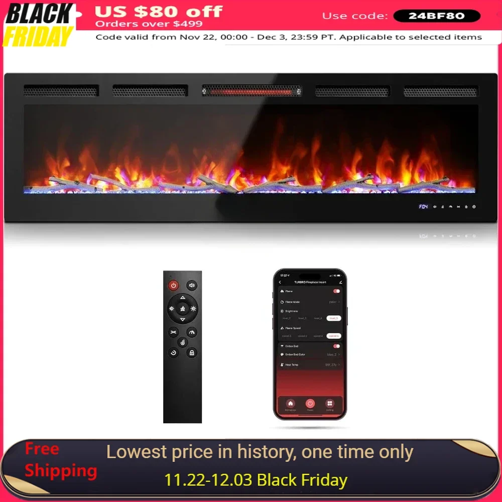 60” Smart WiFi Infrared Electric Fireplace, Adjustable Flame Effects, Remote Control and App, Recessed Electric Fireplaces