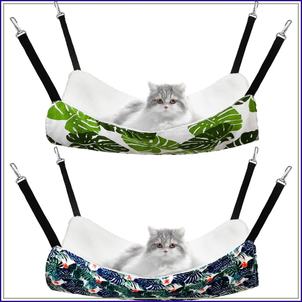 2 Pack Cat Hammock for Cage, Reversible Soft Bed with Adjustable Straps, Double-Sided Linen and Fleece, Monstera Leaf
