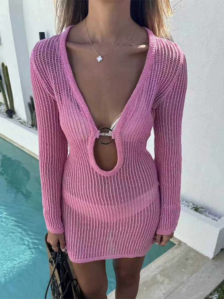 캐주얼 심플 슬림핏 파티 드레스 우아한 V넥 긴팔 니트 드레스 패션 원형 컷아웃 텍스처 솔리드 미니 드레스