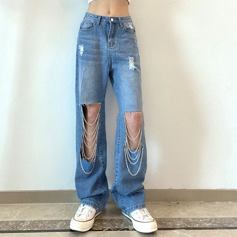 Cyber Y2k Vintage Hollow Hole Chain Straight Jeans Women High Waist Loose Denim Long Pants Summer Casual Streetwear 90s Trousers