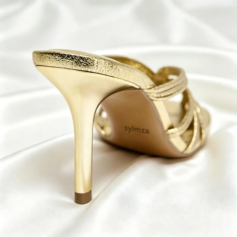 Gold Luxury Thin Heel Slippers Women Dress Shoes Summer New 2025 Hollow Beach Shoes Slides Designer Brand Sandals Ladies Pumps image 4