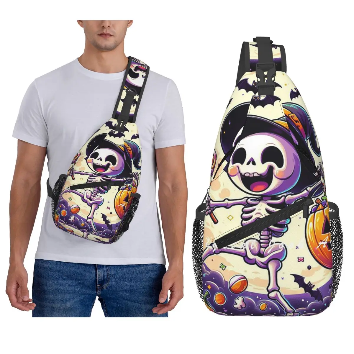 

Хэллоуин черепа, скрещенные кости и тыква нагрудная сумка мужской рюкзак через плечо на слинге нагрудная сумка дорожный походный рюкзак сумка на плечо