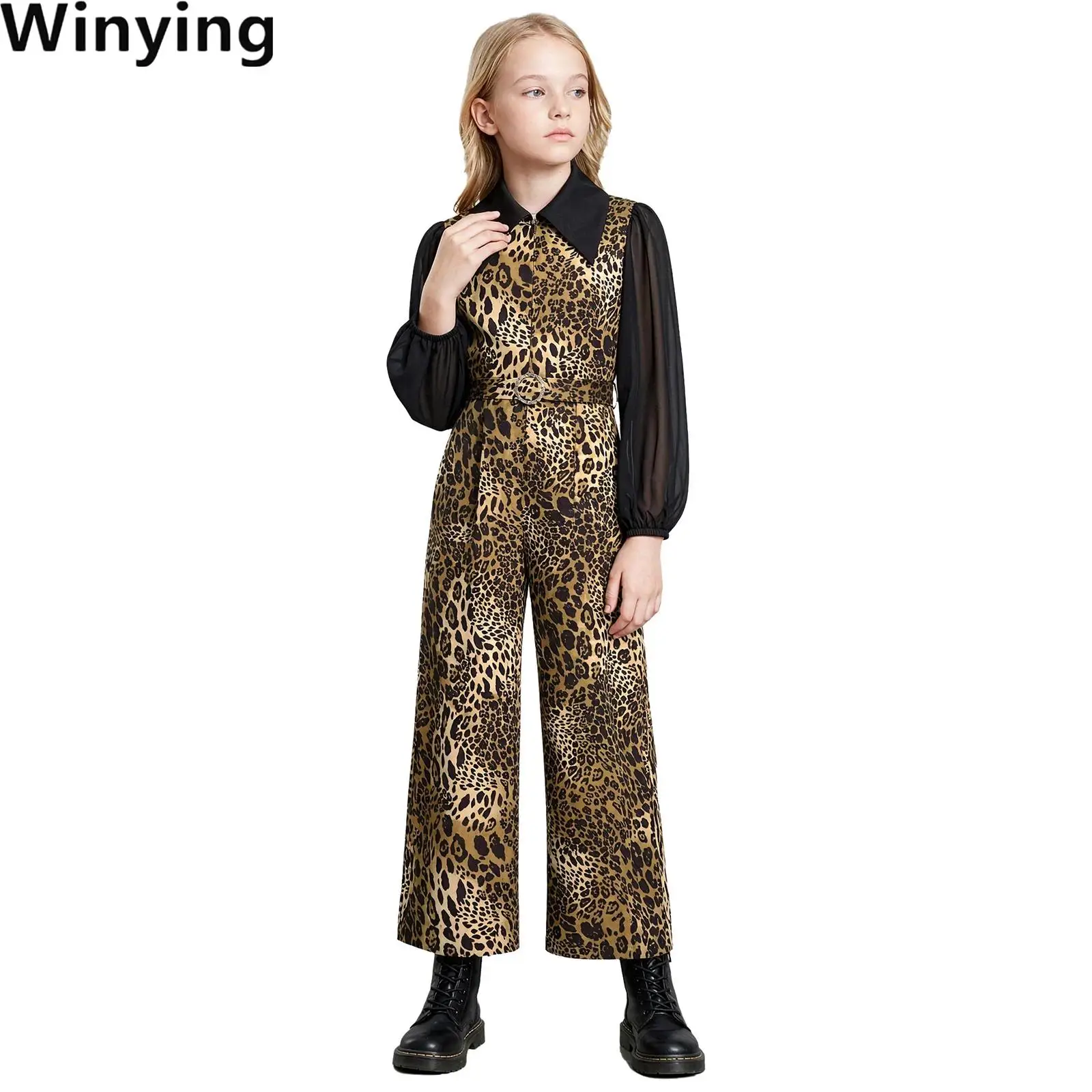 Kids Girls Leopard Chiffon Print Romper Turn-down Collar Long Puff Sleeves Front Zipper Jumpsuit with Belt for Holiday