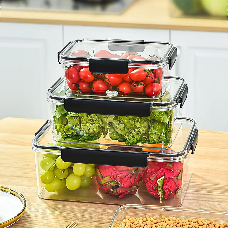 3size Refrigerator Storage Box Clear Sealed Rectangular Fresh Keeping Boxes Food Vegetable Fruit Lunch Box Kitchen Organizer