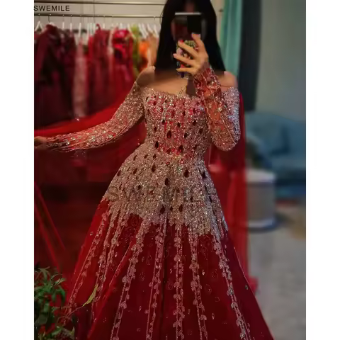 SWEMILE Haute Couture Red Evening Dress Luxury Beaded Off Shoulder Sleeve A-Line Prom Dress Floor-Length Saudi Wedding Gowns