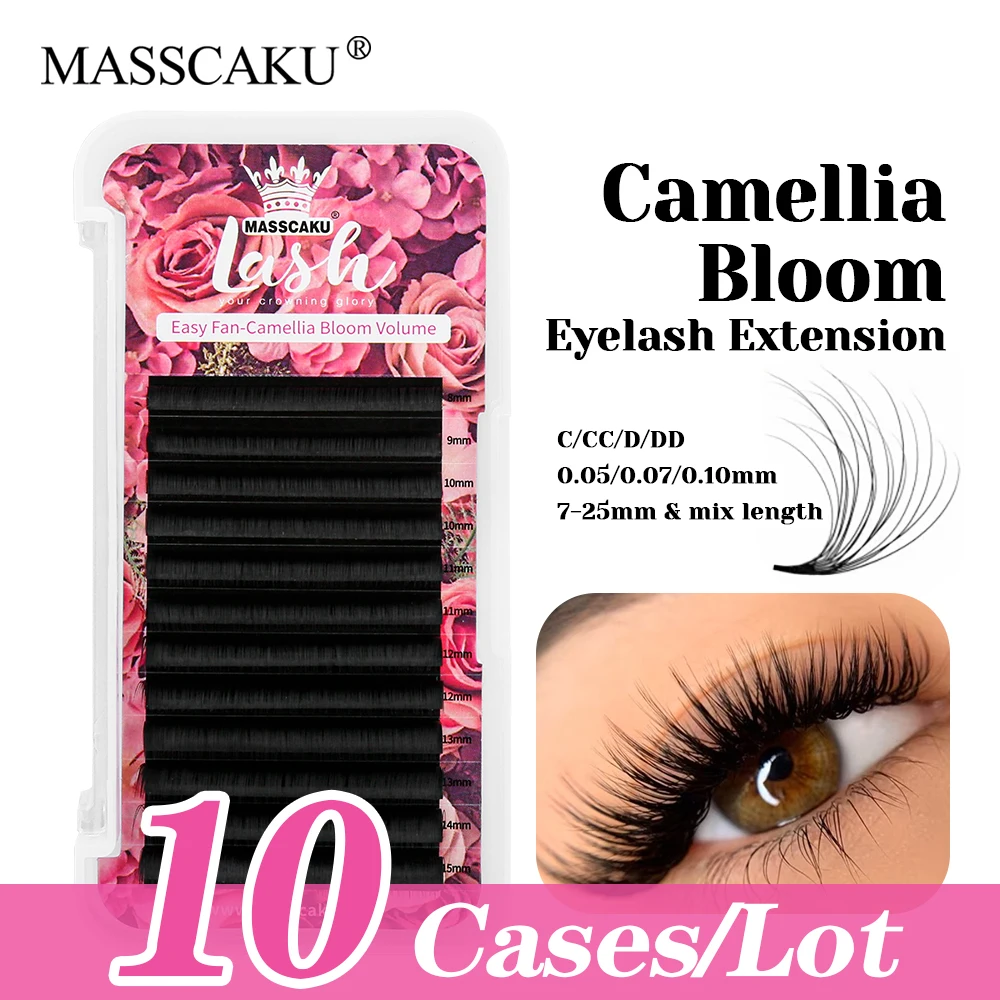 

MASSCAKU New Style 10cases/lot Matte Deep Black Camellia Blooming Lash Individual Lightweight Auto Flowering Eyelash Easy to Use