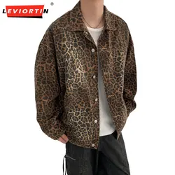 Hip Hop Men's Vintage Leopard Print Denim Jackets 2024 Autumn Fashion Lapel Collar Zipper Jacket Coat Holiday Jackets Streetwear