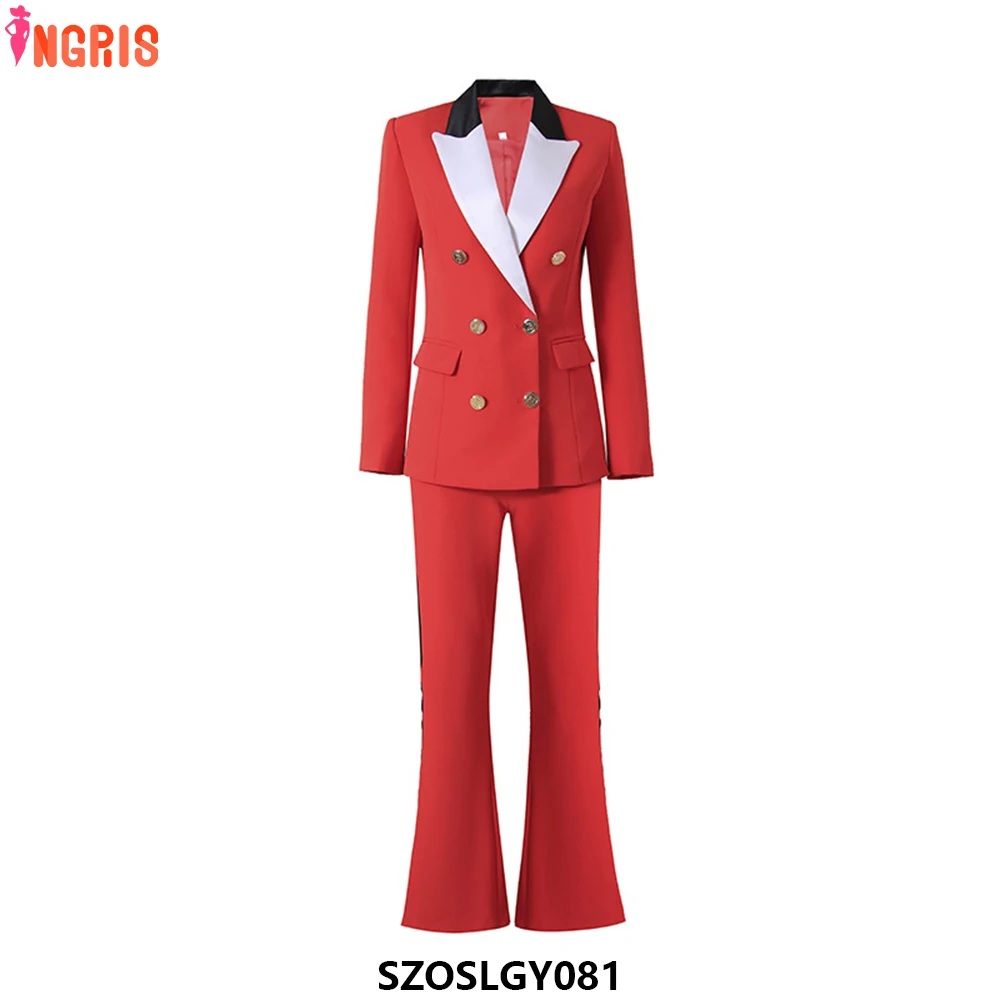 

2025 hot sale performance party two piece suit fashion top contrast color collar woven wide leg pants-SZOSLGY081