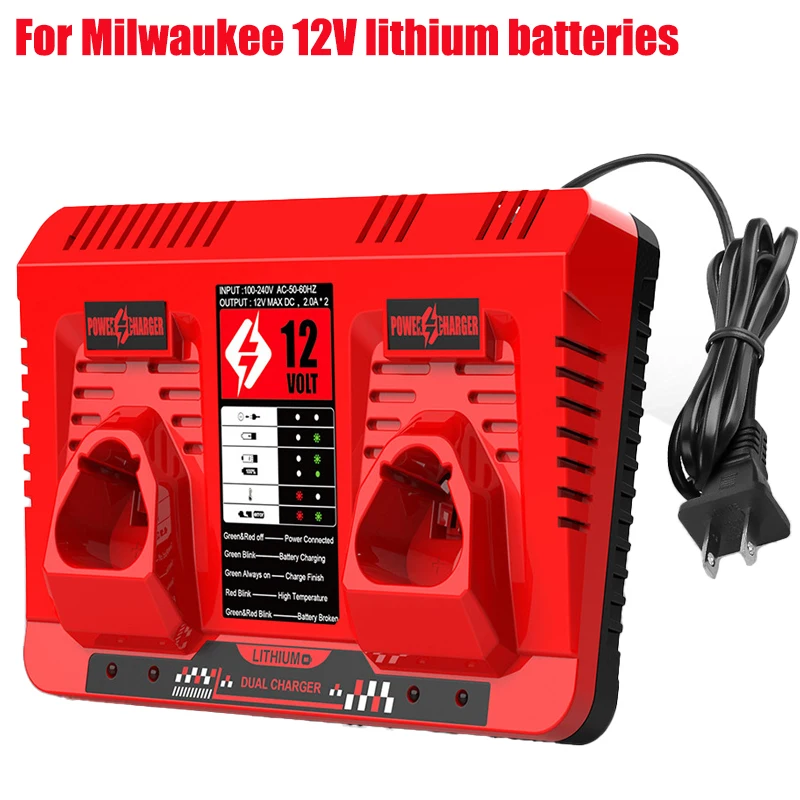 

Совместимость с литиевыми батареями Milwaukee 12 В, портативное быстрое зарядное устройство, зарядное устройство для электроинструмента, двухпортовое зарядное устройство 12 В