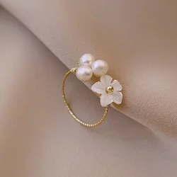 New Arrival Trendy Sweet Fresh Water Shell Flower Rings For Women Elegant Fashion Simulated Pearl Jewelry Кольцо Женское