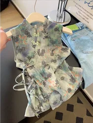 Summer New Chinese-Style National Fashion Sleeveless top Women floral print Buckle shirt Elegant daily lady vest
