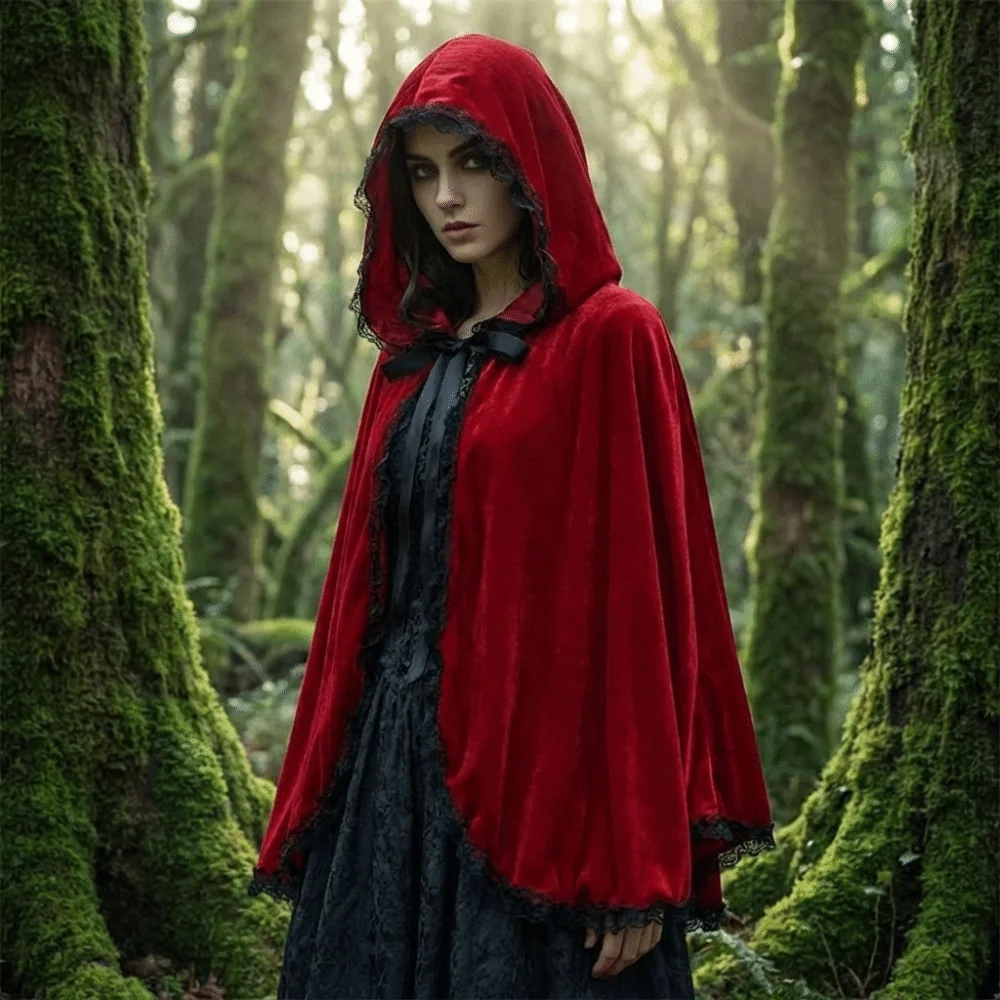 

Festival Fairy Tale Red Hooded Cloak 80/130cm Velvet Lace Trim Cloak Polyester Role Play Cosplay Costume Cape Halloween