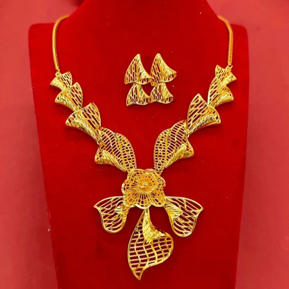 

Luxury 24K 9999 Pure Gold real gold Women's Wedding Flower Necklace Earrings suit